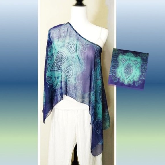 Top & Scarf 2in1 Blue Green Paisley Print Sheer Chiffon Slip-on Lightweight - Picture 2 of 14